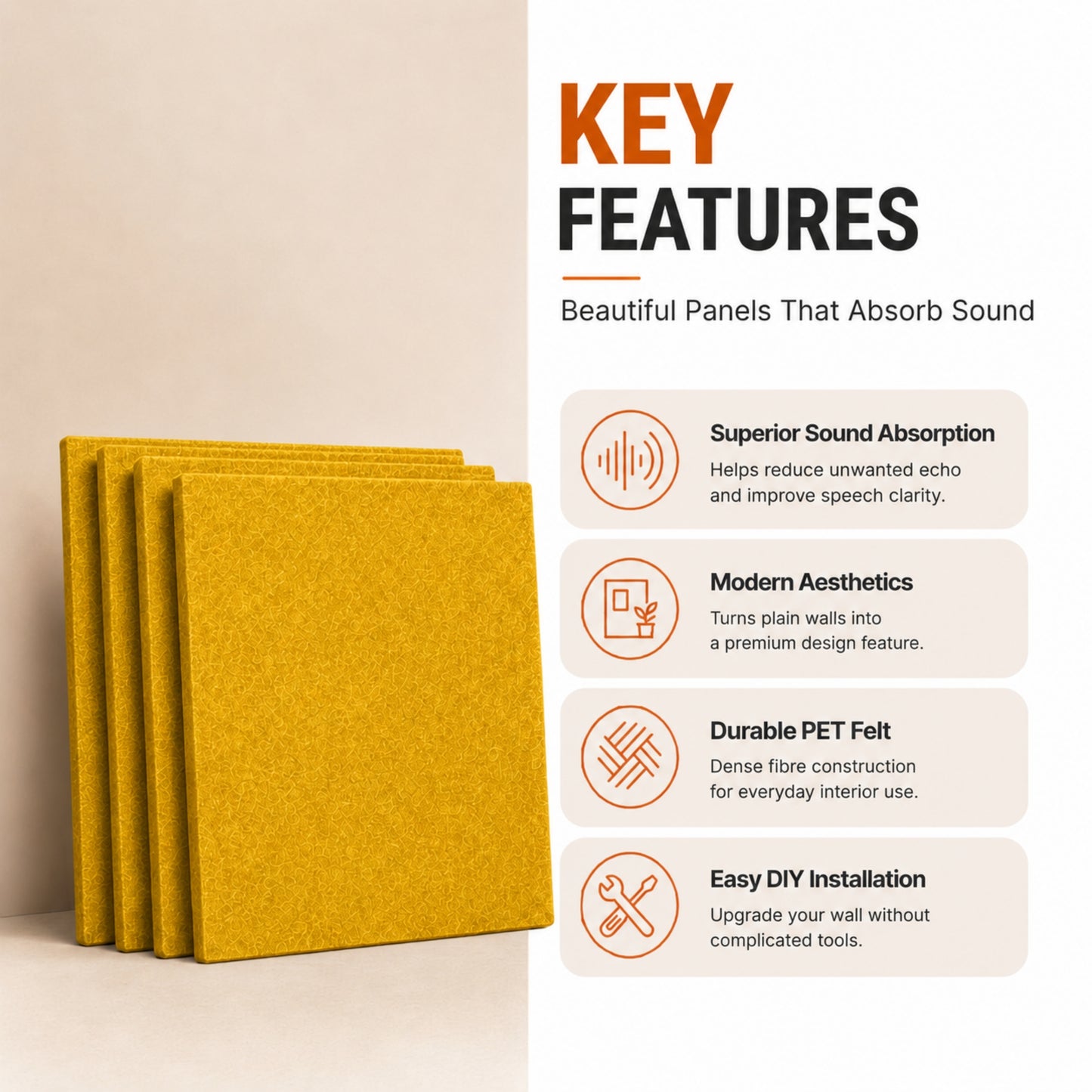 Mustard PET felt acoustic panel shown installed on a wall