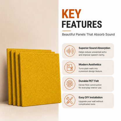 Mustard PET felt acoustic panel shown installed on a wall