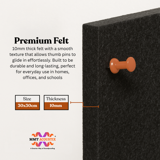 MMT Acoustix® FeltPin 8 Pcs Premium Felt Bulletin Boards for Office, Home & School | Felt Notice Board for Message, Notes, Calendar and Wall Decoration | 30x30cm, Piano Black