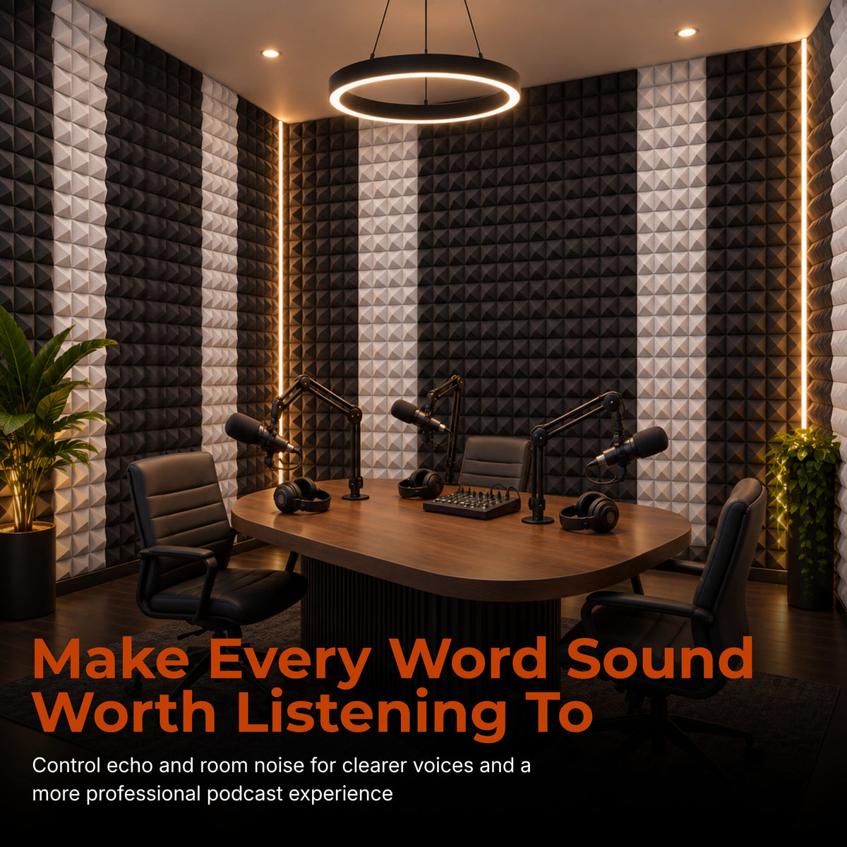 Pyramid Acoustic Foam 2”, 1x1 Ft, Charcoal Black + Stone White