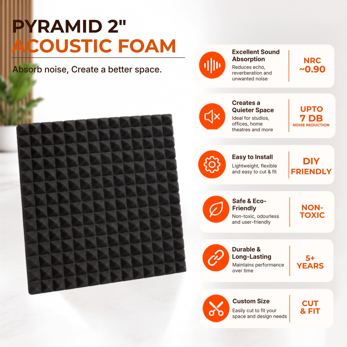 Pyramid Acoustic Foam 1”, 1x1 Ft, Charcoal Black