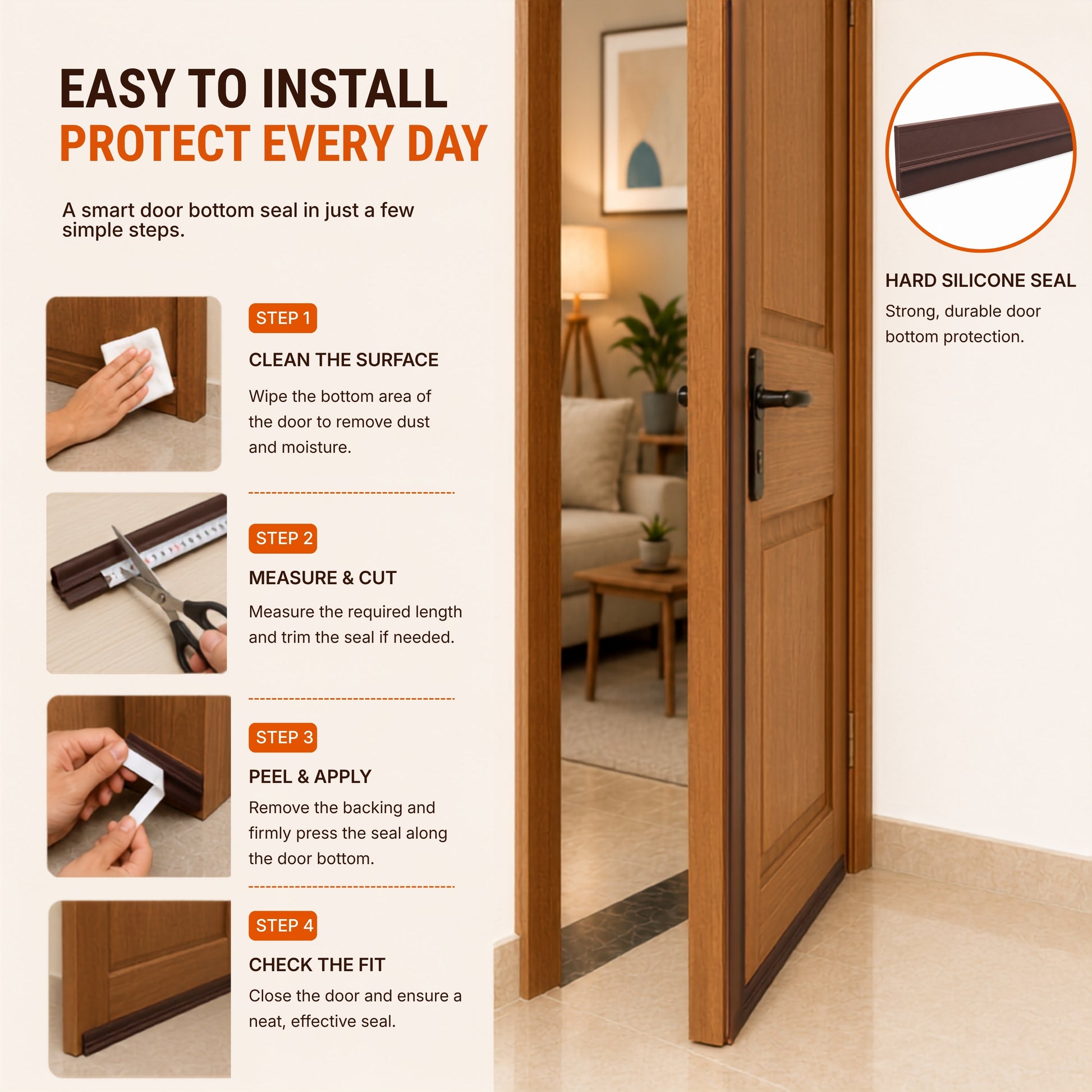 Hard silicone door bottom seal blocking a door gap