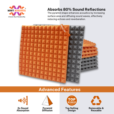 Pyramid Acoustic Foam Panel 1" | 1 X 1 Feet | Stone White & MMT Orange