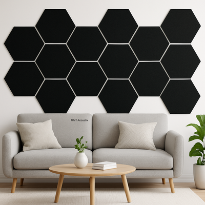 MMT Acoustix® HexaFelt Bevelled Acoustic Panels, Luxury Sound Absorbing Felt Wall Panels for Home, Office & Studios | VOC Free, 30×30 cm, NRC 0.90 | Pack of 8 | Piano Black Colour