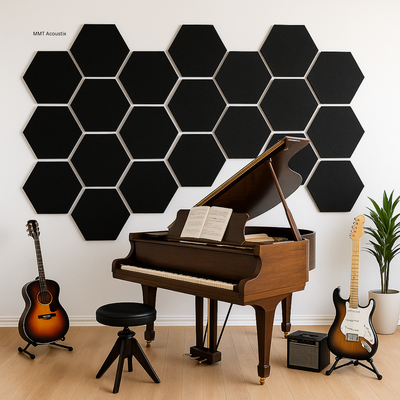 MMT Acoustix® HexaFelt Bevelled Acoustic Panels, Luxury Sound Absorbing Felt Wall Panels for Home, Office & Studios | VOC Free, 30×30 cm, NRC 0.90 | Pack of 8 | Piano Black Colour