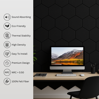MMT Acoustix® HexaFelt Bevelled Acoustic Panels, Luxury Sound Absorbing Felt Wall Panels for Home, Office & Studios | VOC Free, 30×30 cm, NRC 0.90 | Pack of 8 | Piano Black Colour