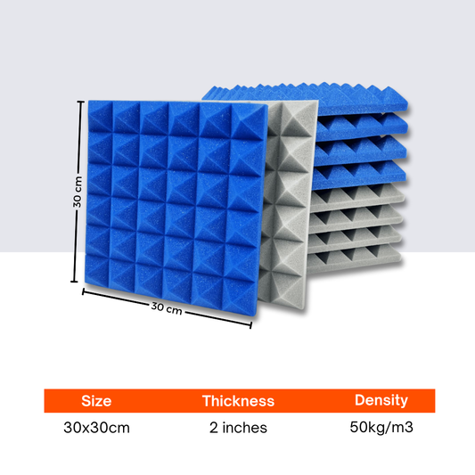 Pyramid Acoustic Foam 2”, 1x1 Ft, Stone White + European Blue
