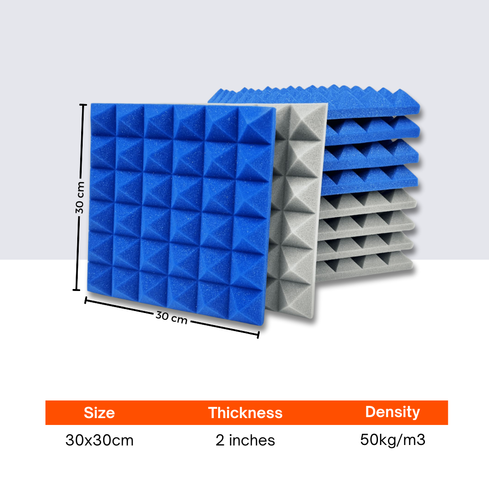 Pyramid Acoustic Foam 2”, 1x1 Ft, Stone White + European Blue