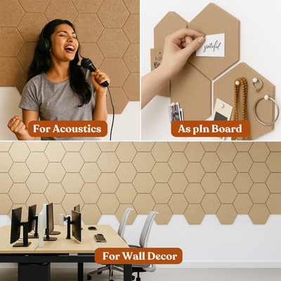MMT Acoustix® HexaFelt Bevelled Acoustic Panels, Luxury Sound Absorbing Felt Wall Panels for Home, Office & Studios | VOC Free, 30×30 cm, NRC 0.90 | Pack of 8 |  Sand