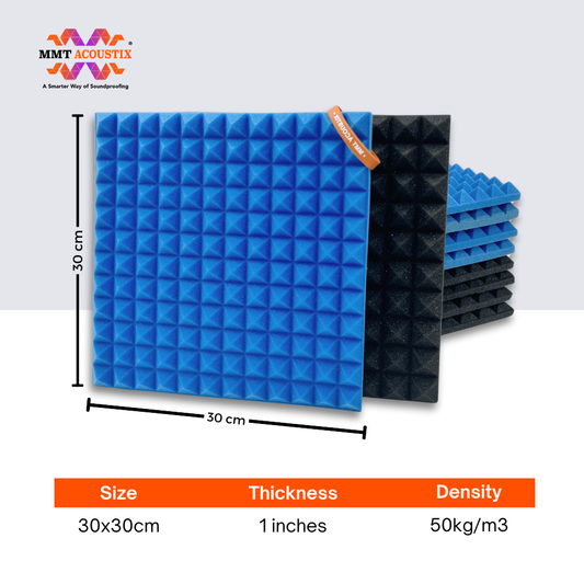 Pyramid Acoustic Foam 1”, 1x1 Ft, Charcoal + European Blue