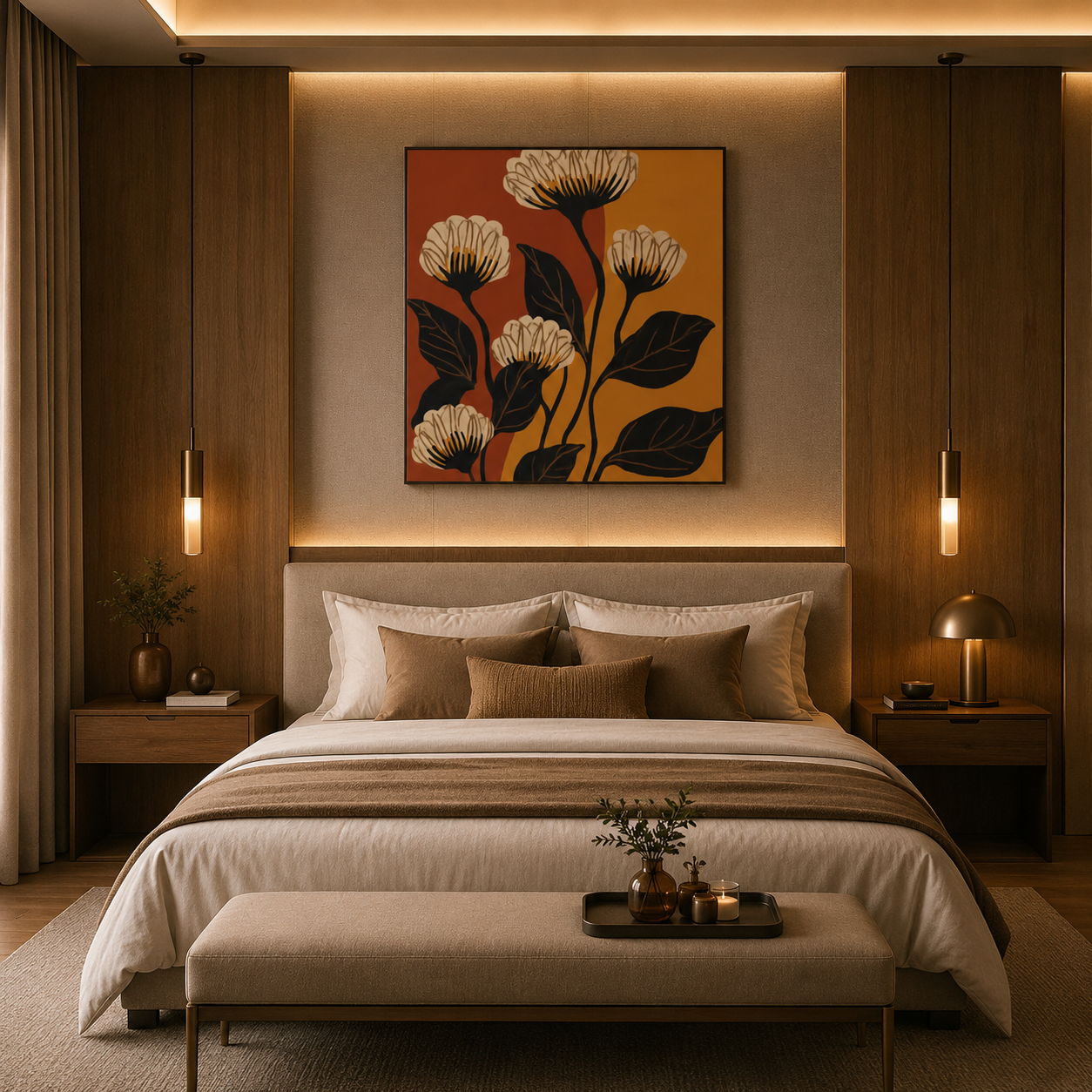 Golden Bloom Harmony – Printed Canvas Felt Acoustic Panel (4 x 4)