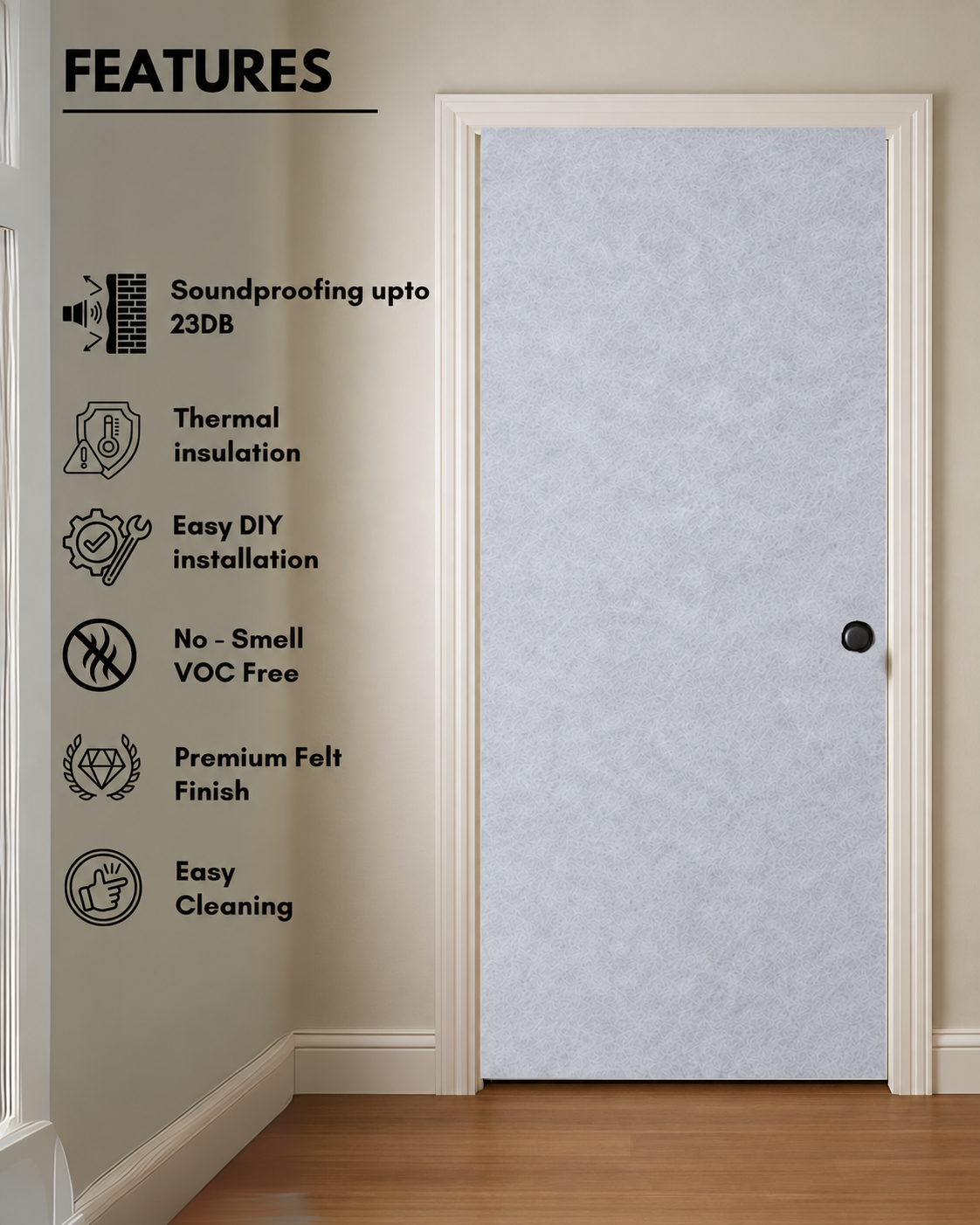 Door Soundproof Panel with Door Seals | Hair Grey