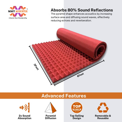 Pyramid Acoustic Foam Panel | 6x3 Feet | Flame Red | 1 Roll