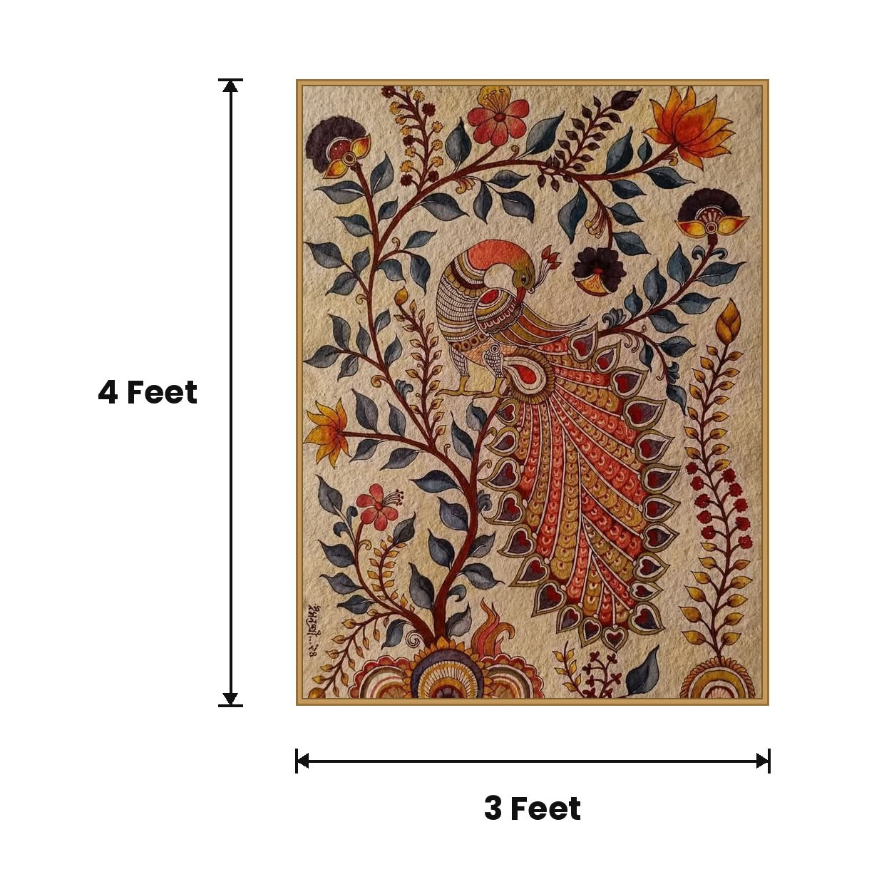 Madhubani Peacock Tree acoustic painting size guide, 4 x 3 ft