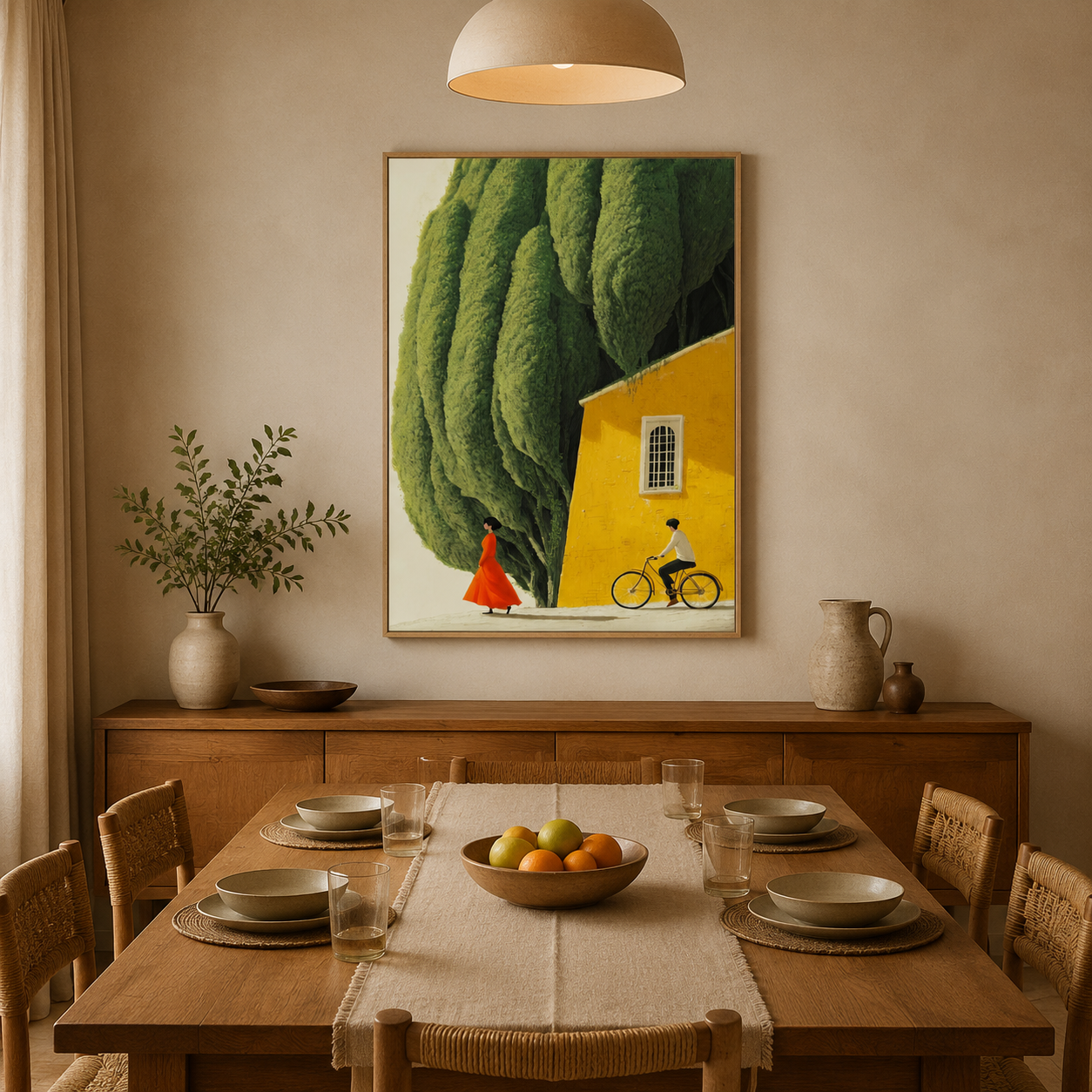 Cypress Trees Yellow House acoustic painting on PET felt canvas