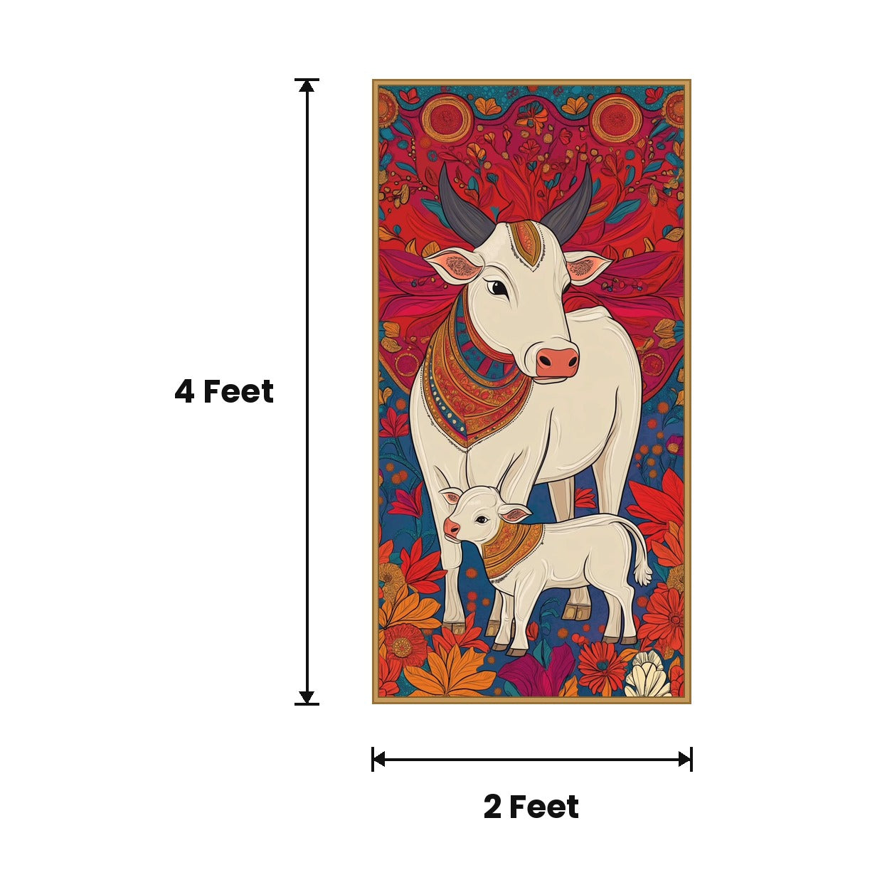 Cow And Calf Floral acoustic painting size guide, 4 x 2 ft