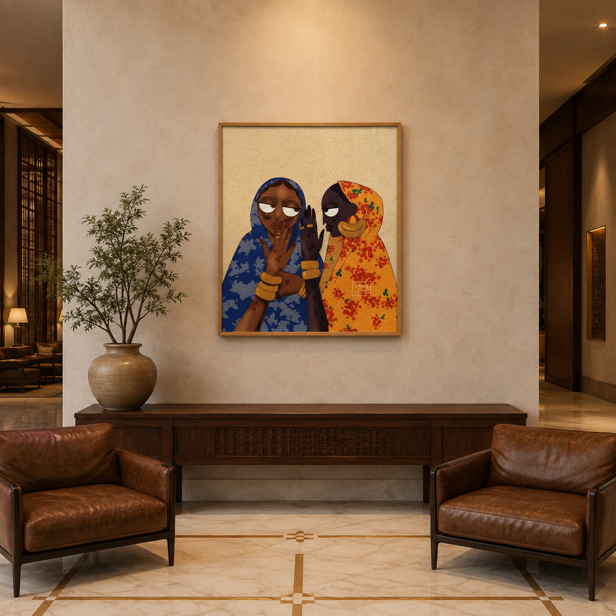 Two Women Gossiping Folk acoustic painting on PET felt canvas