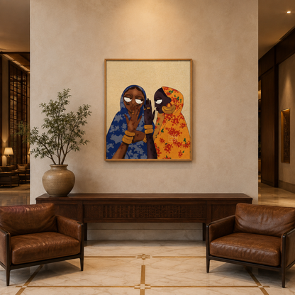 Two Women Gossiping Folk acoustic painting on PET felt canvas