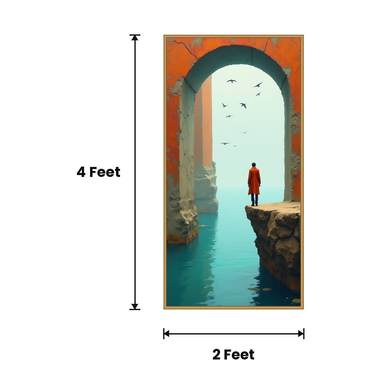 Man Under Arch Birds acoustic painting size guide, 4 x 2 ft