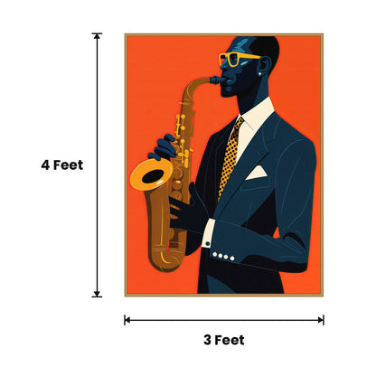 Saxophone Player Orange Deco acoustic painting size guide, 4 x 3 ft