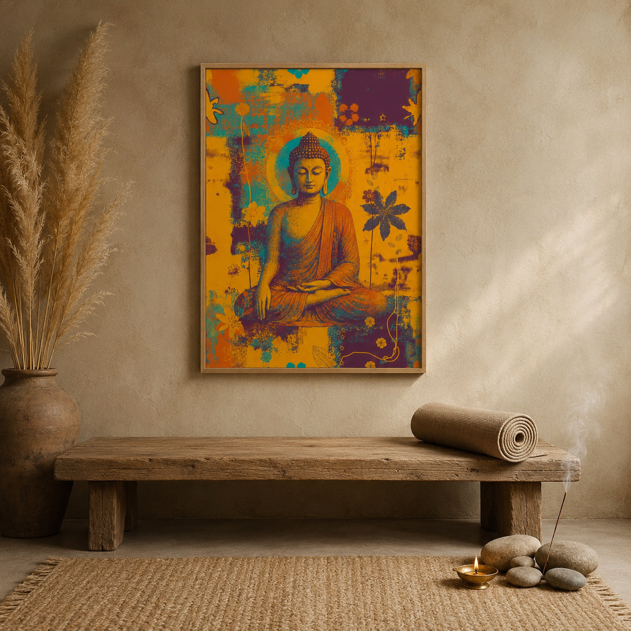 Buddha Orange Floral acoustic painting on PET felt canvas