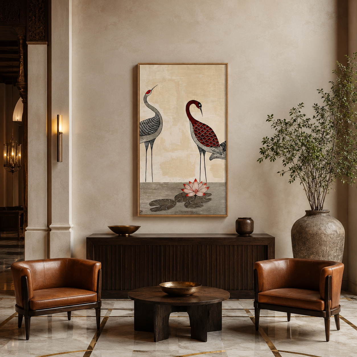 Cranes With Lotus Folk acoustic painting on PET felt canvas