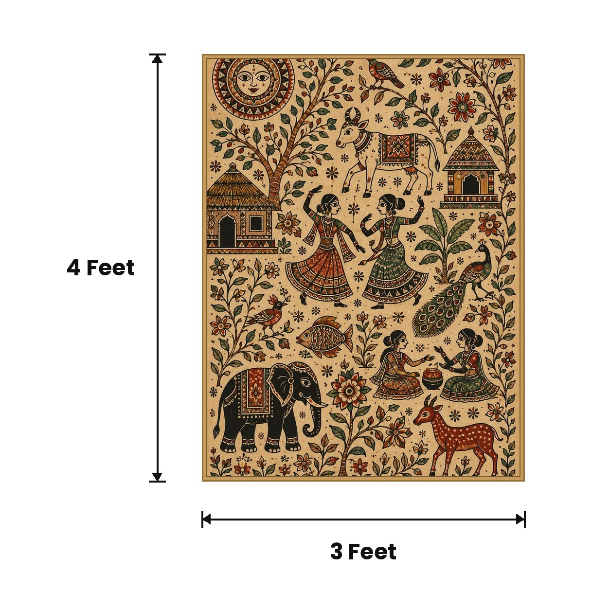 Gond Village Scene acoustic painting size guide, 4 x 3 ft