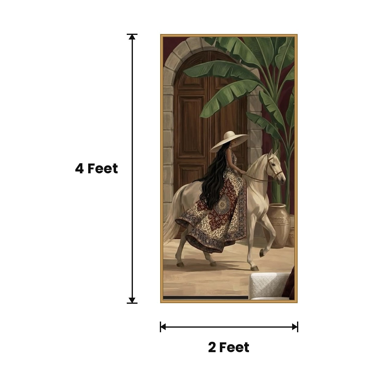 Woman On White Horse Carpet acoustic painting size guide, 4 x 2 ft