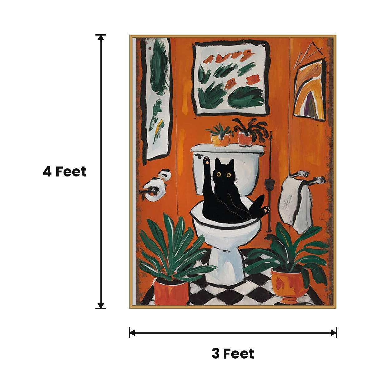 Black Cat On Toilet Orange acoustic painting size guide, 4 x 3 ft