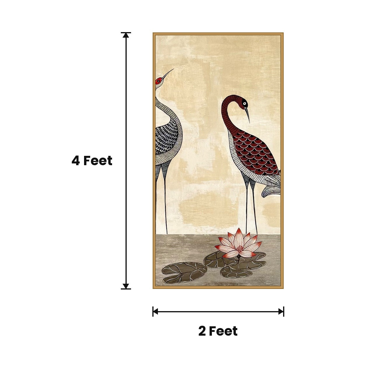 Cranes With Lotus Folk acoustic painting size guide, 4 x 2 ft