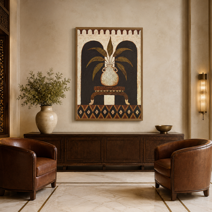 Vase With Leaves Tribal Border acoustic painting on PET felt canvas