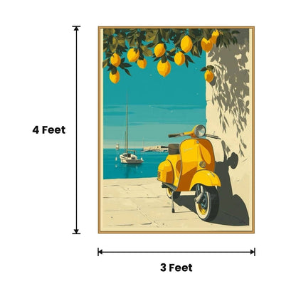 Yellow Scooter Riviera Poster acoustic painting size guide, 4 x 3 ft