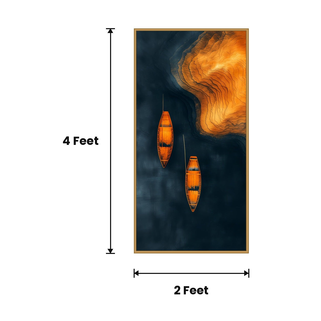 Boats Pair Aerial Orange acoustic painting size guide, 4 x 2 ft