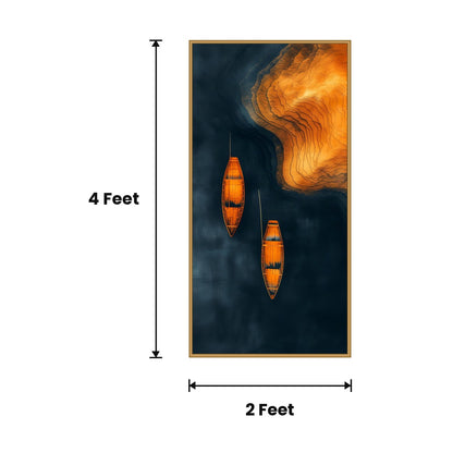 Boats Pair Aerial Orange acoustic painting size guide, 4 x 2 ft