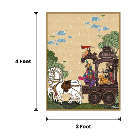 Krishna Arjuna Chariot Folk acoustic painting size guide, 4 x 3 ft