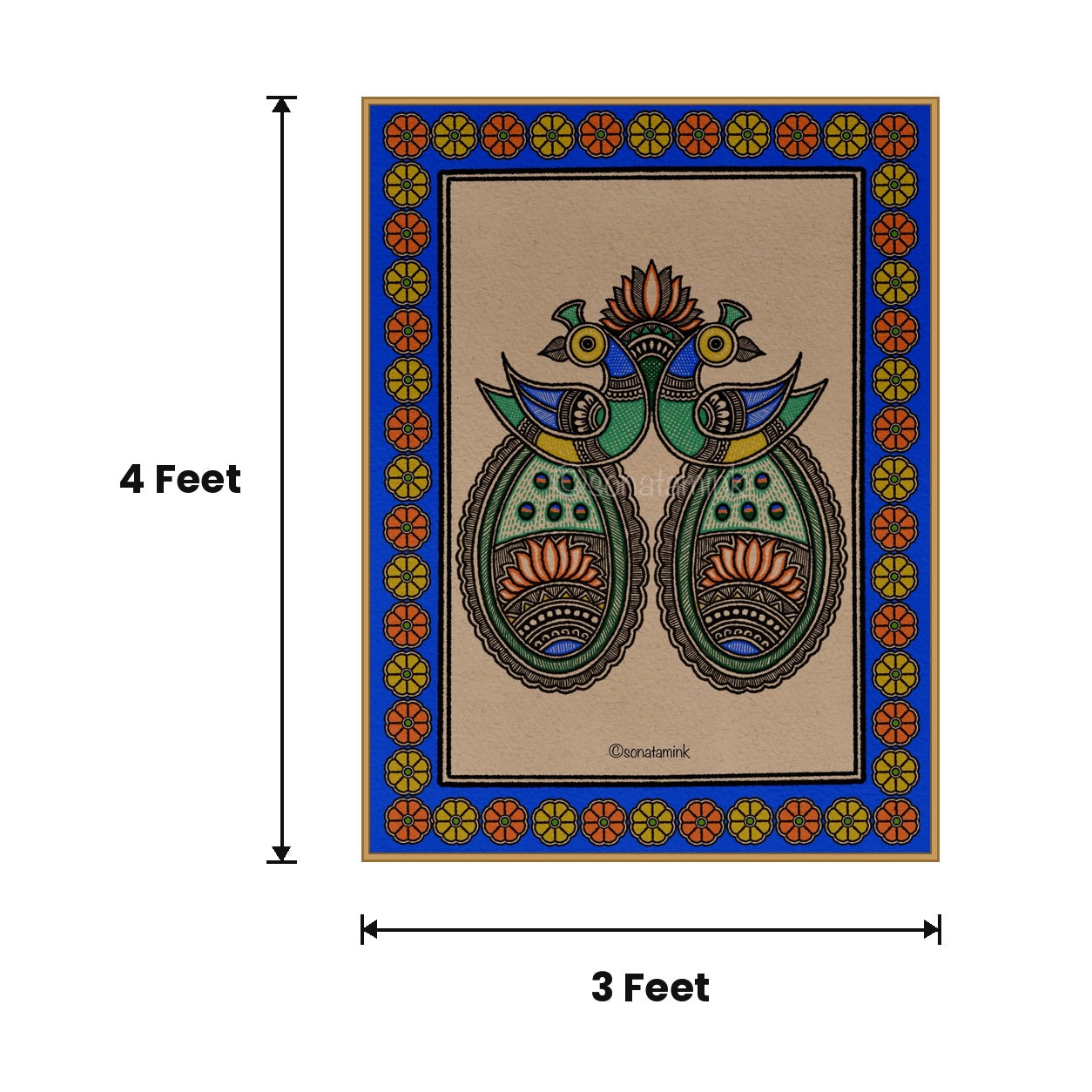 Peacock Pair Blue Border acoustic painting size guide, 4 x 3 ft
