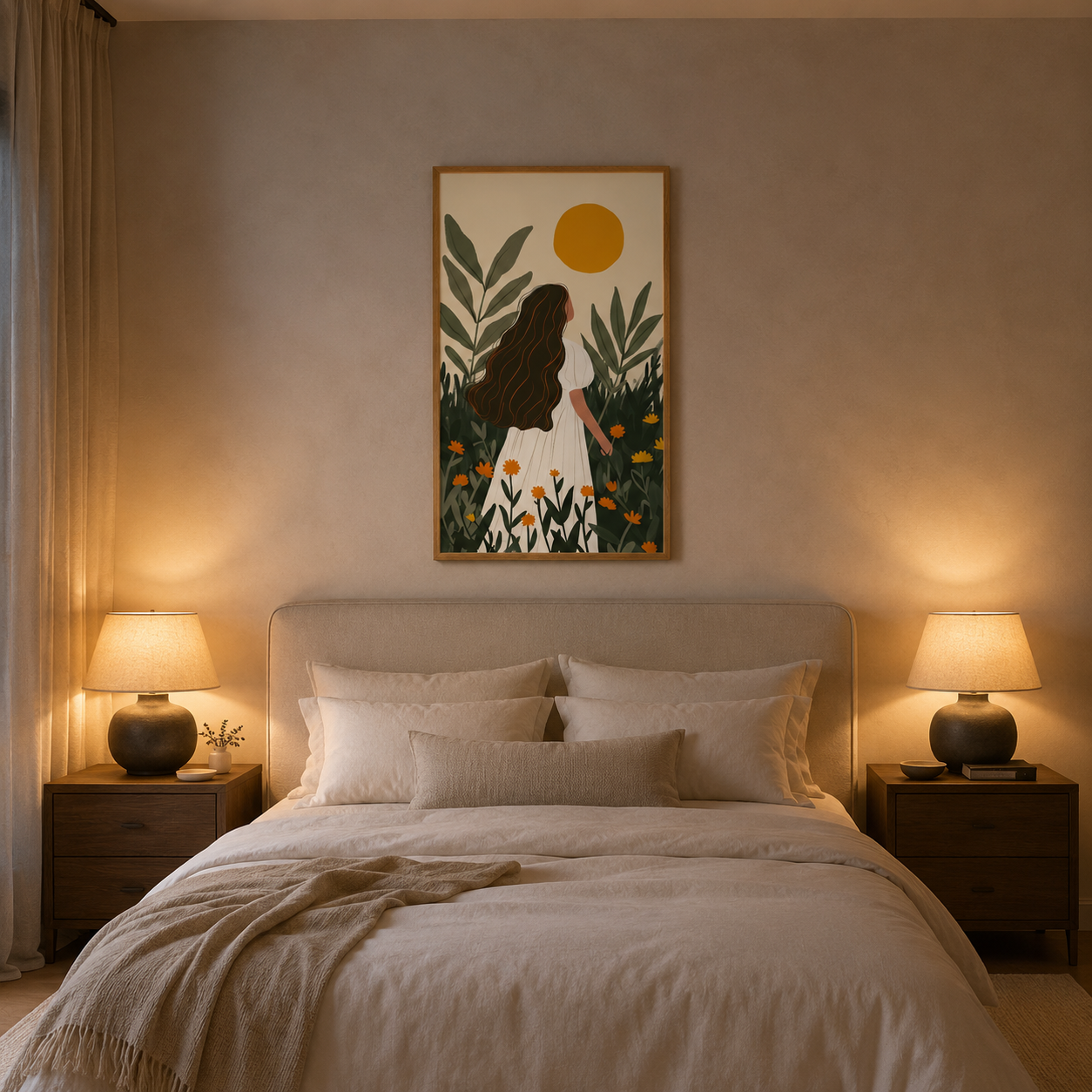 Woman In White Garden Sun acoustic painting on PET felt canvas