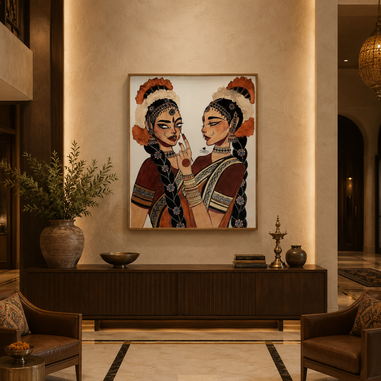 Two Women Braids Sarees acoustic painting on PET felt canvas