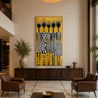 Tribal Women Row Yellow acoustic painting on PET felt canvas