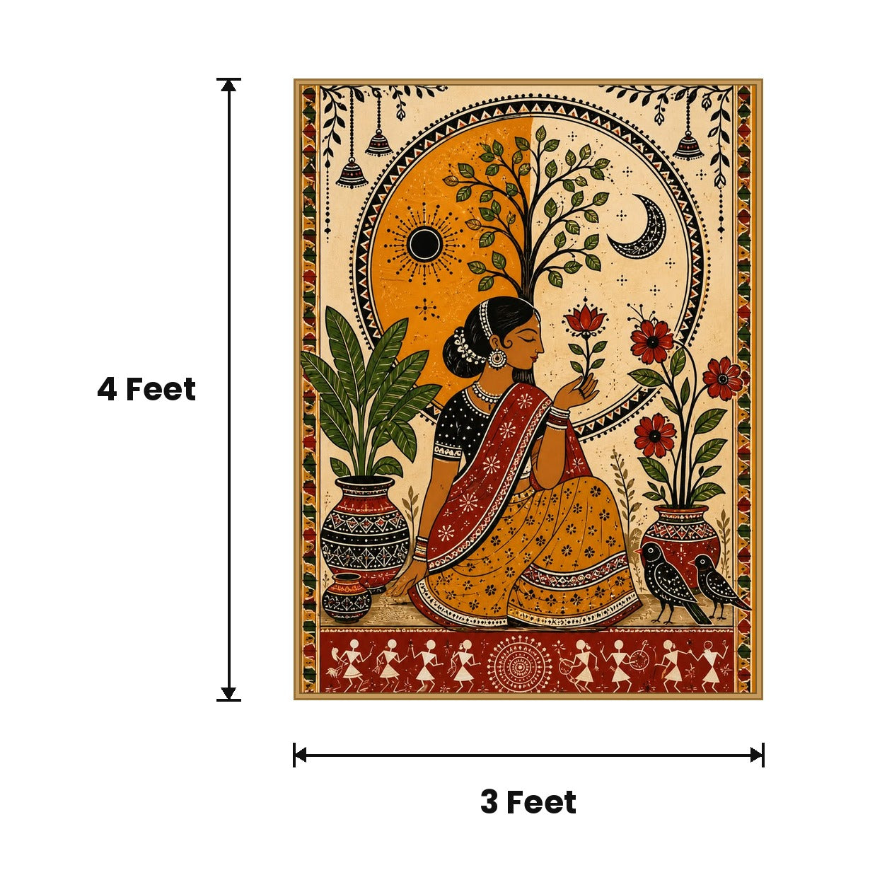 Madhubani Dancers Golden acoustic painting size guide, 4 x 3 ft