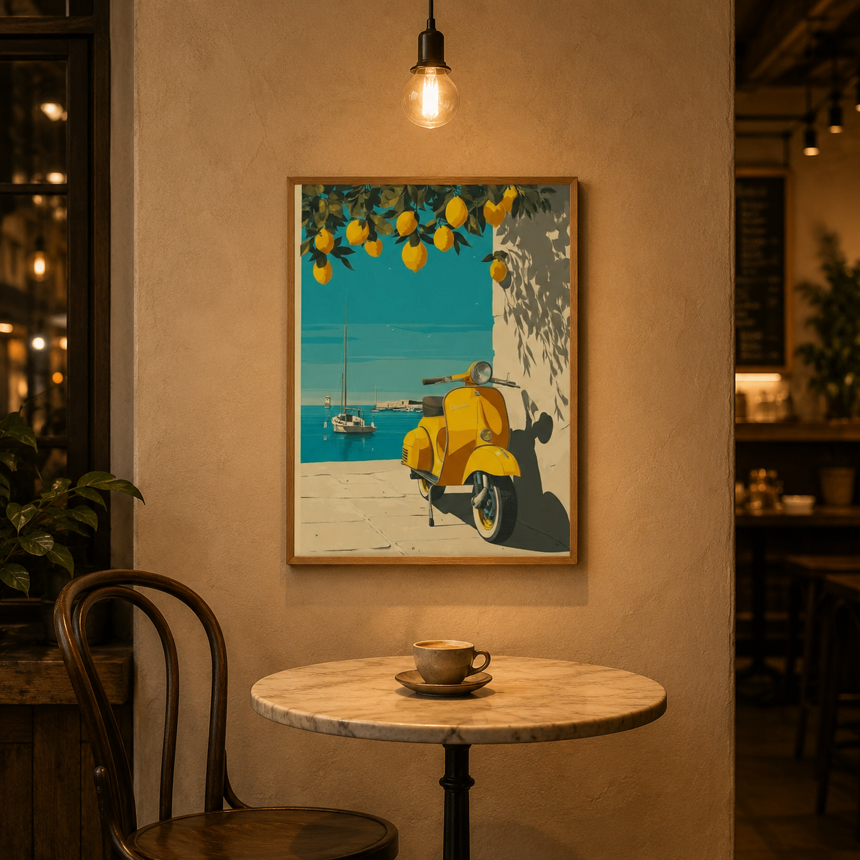 Yellow Scooter Riviera Poster acoustic painting on PET felt canvas