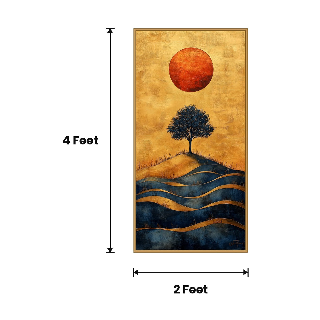 Tree With Red Sun Gold acoustic painting size guide, 4 x 2 ft