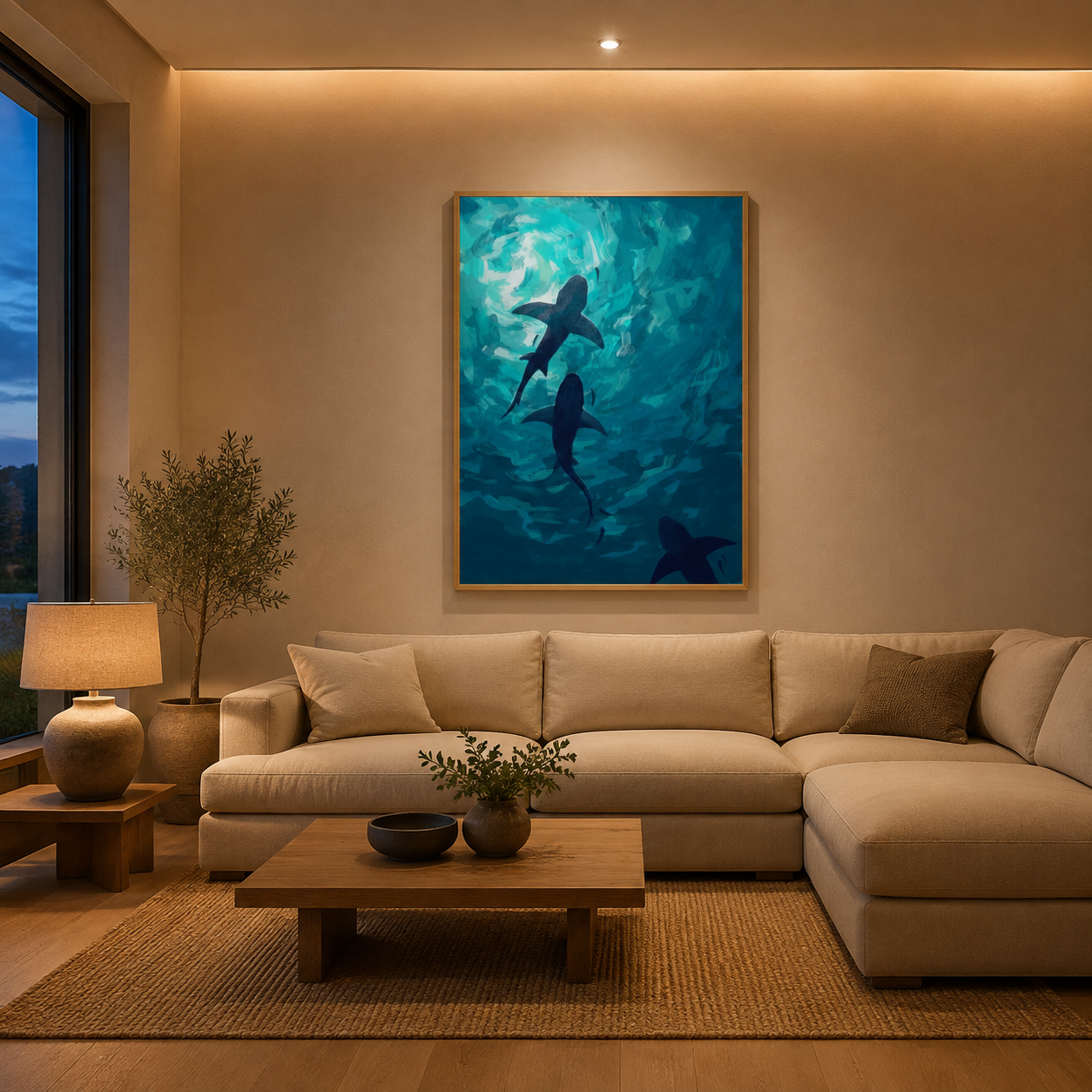 Sharks Underwater Teal acoustic painting on PET felt canvas