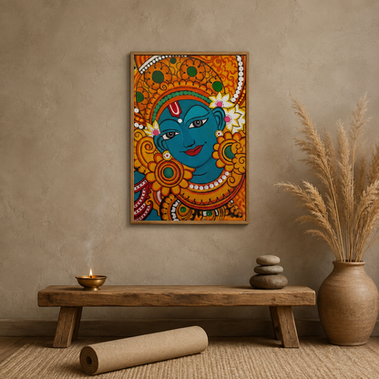 Kerala Mural Krishna Face acoustic painting on PET felt canvas
