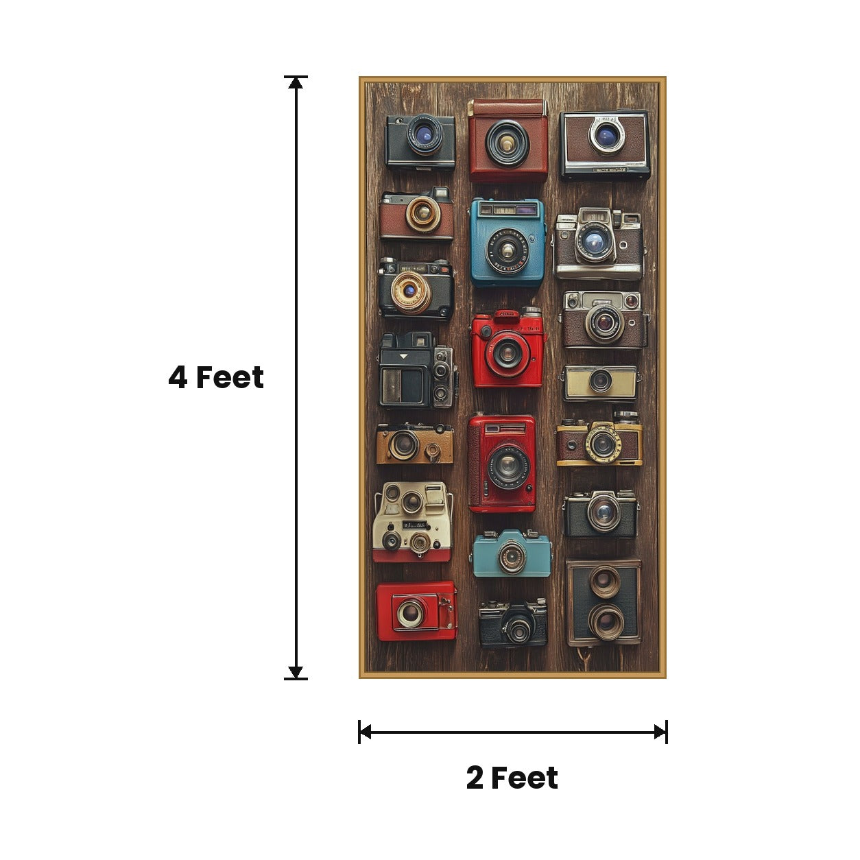 Vintage Cameras Grid acoustic painting size guide, 4 x 2 ft