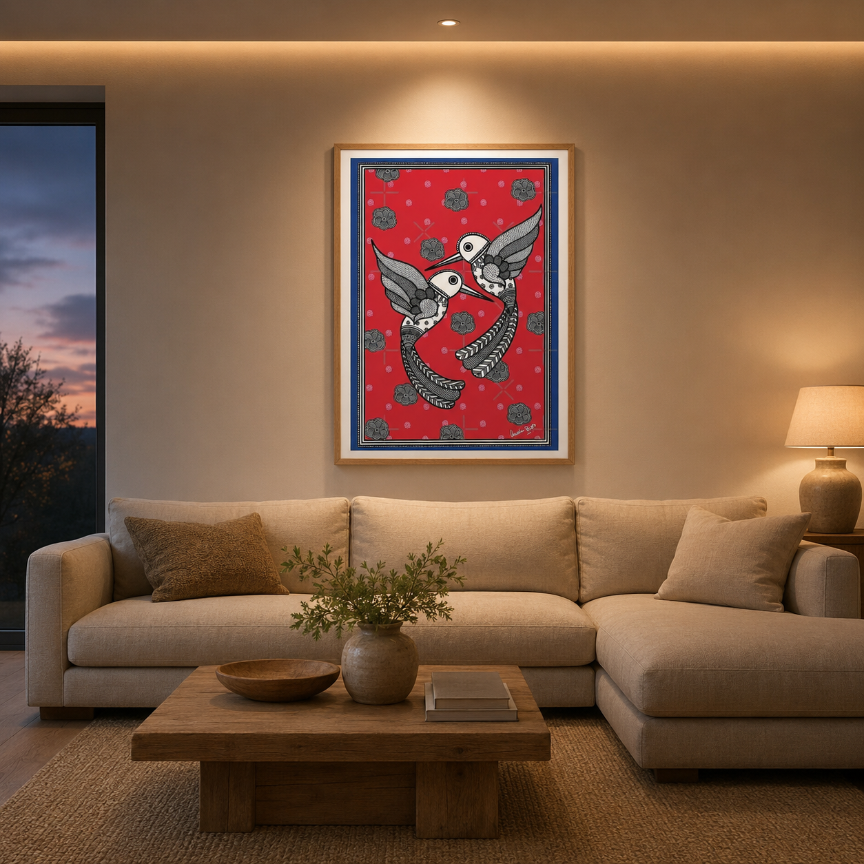 White Birds On Red acoustic painting on PET felt canvas