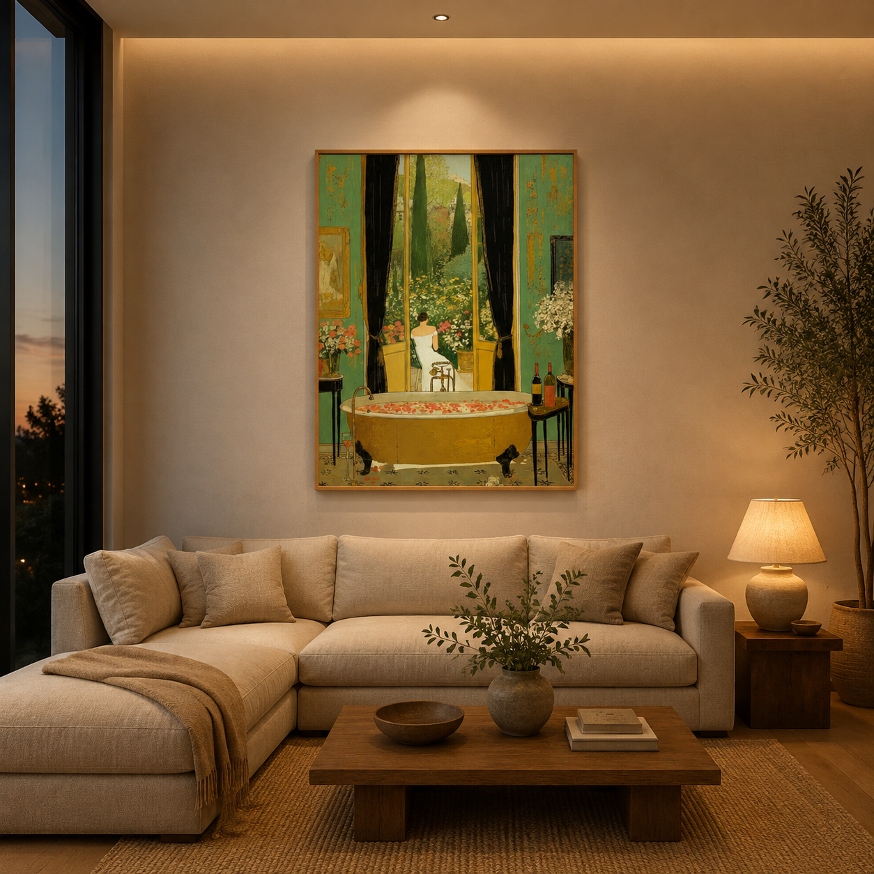 Bathtub Garden View Vintage acoustic painting on PET felt canvas