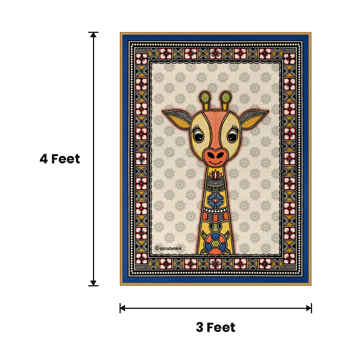 Giraffe Checkered Border acoustic painting size guide, 4 x 3 ft