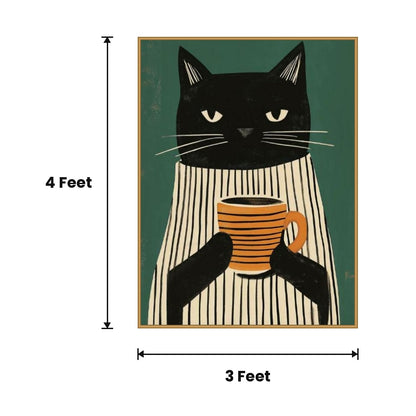 Black Cat With Mug acoustic painting size guide, 4 x 3 ft