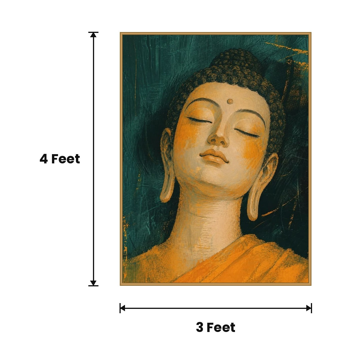 Buddha Face Orange Teal acoustic painting size guide, 4 x 3 ft